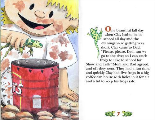 Sample inside spread of layout and illustrations for Clay's Frogs.