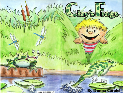 Front and back cover of water color illustration for Clay's Frogs.